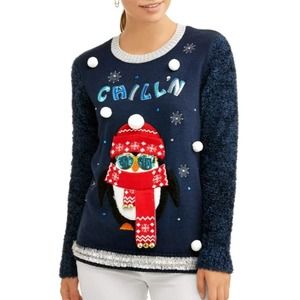 Women's light up ugly Christmas sweater penguin knit L/XL ^